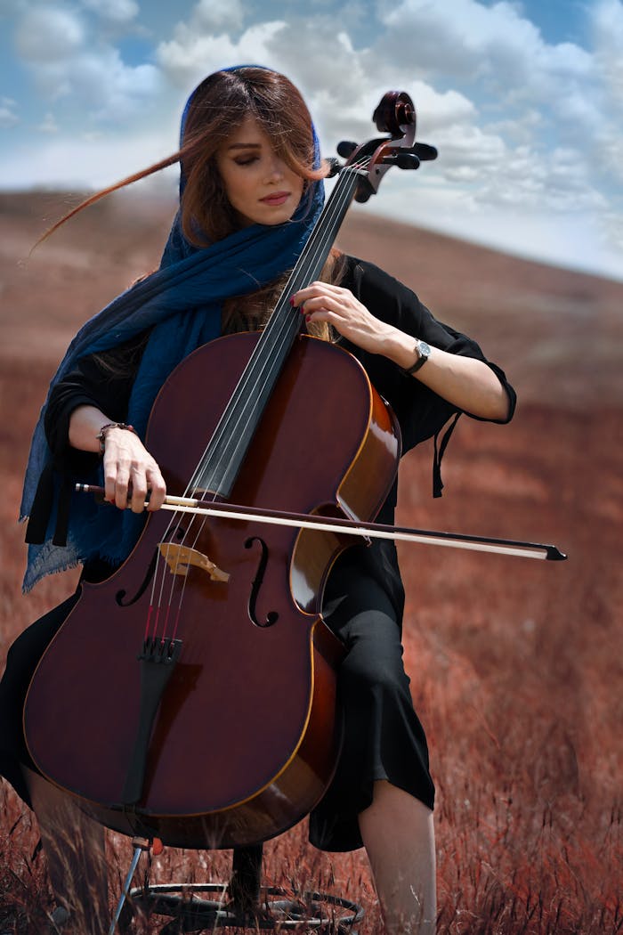 A woman playing a cello in an open field with a dramatic sky, Tehran.
